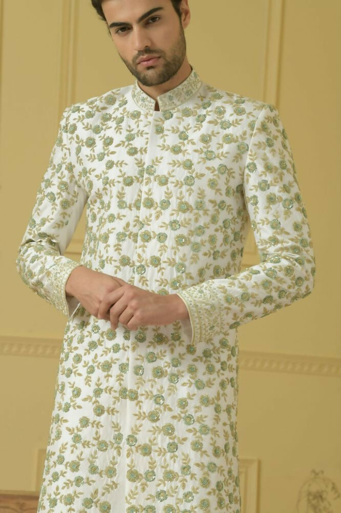 Off White Embroidered Sherwani by Hilo Design | Grocsy
