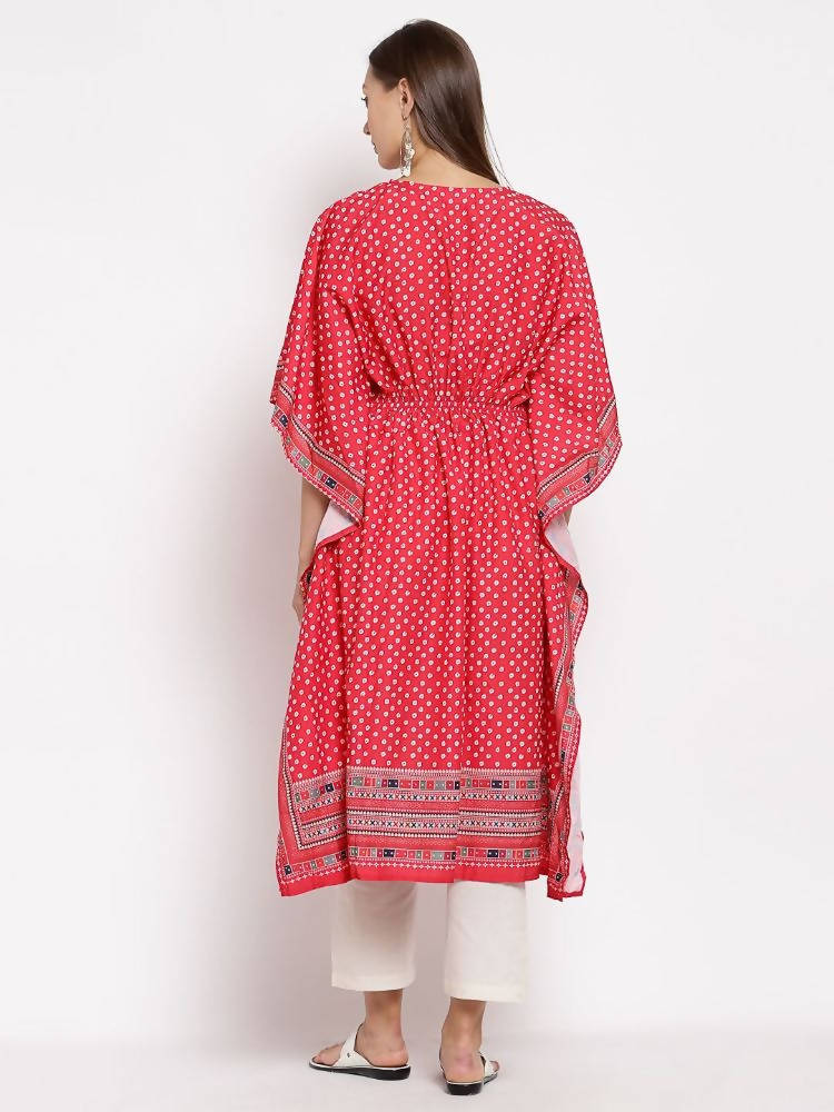 Myshka Women's Red Cotton Printed 3/4 Sleeve V Neck Casual Kaftan | Grocsy