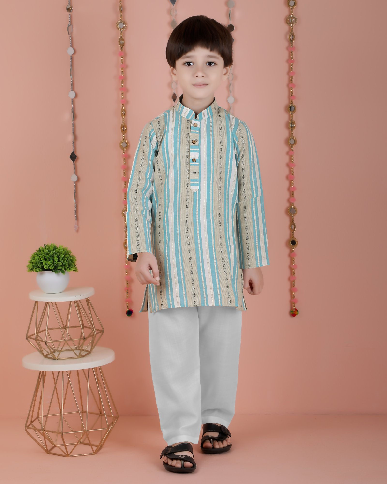 Joban Fashion Kids Island Cotton Full Sleeves Striped Kurta and Pyjama- Blue | Grocsy