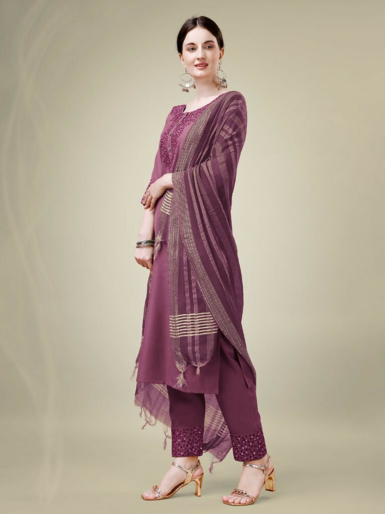 Jyoti Fashion Women's Onion Cotton Blend Embroidery & Sequence work Kurta with Trouser & Dupatta | Grocsy