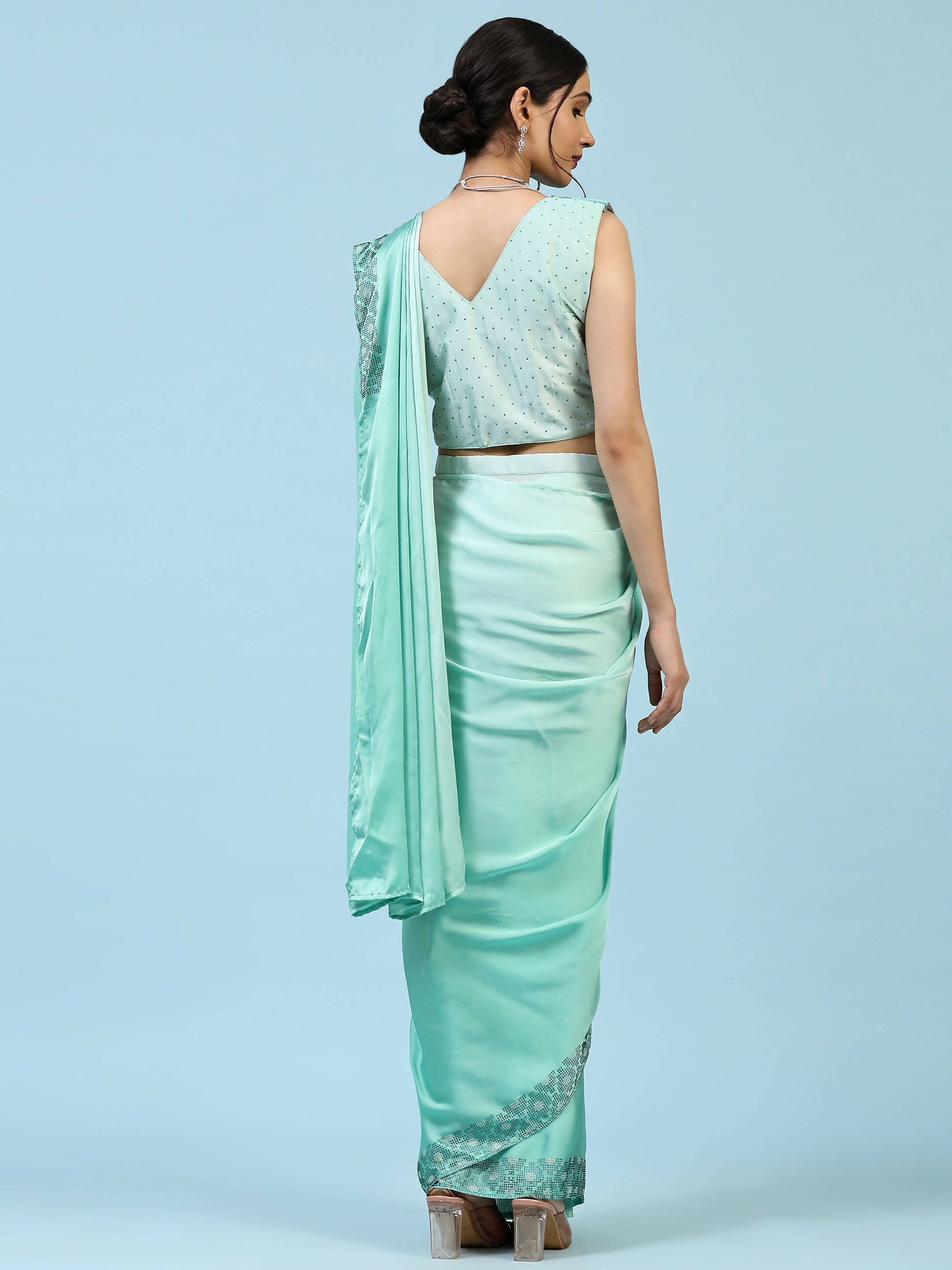 Sea Green Ombre Satin Georgette Plain Ready to wear Saree with stitched Blouse - Vrinda | Grocsy