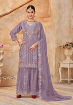 Anaita Lavender Vichitra Silk Readymade Palazzo Suit with Embroidery & Lace Work | Grocsy