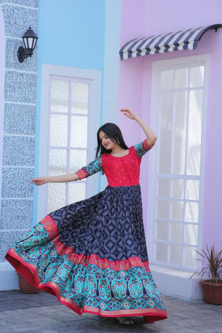 Jyoti Fashion Women's Navy Blue Patola with Foil Print Dola Silk Anarkali Dress | Grocsy