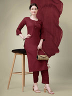 Jyoti Fashion Women's Maroon Cotton Blend Embroidery & Sequence work Kurta with Trouser & Dupatta | Grocsy