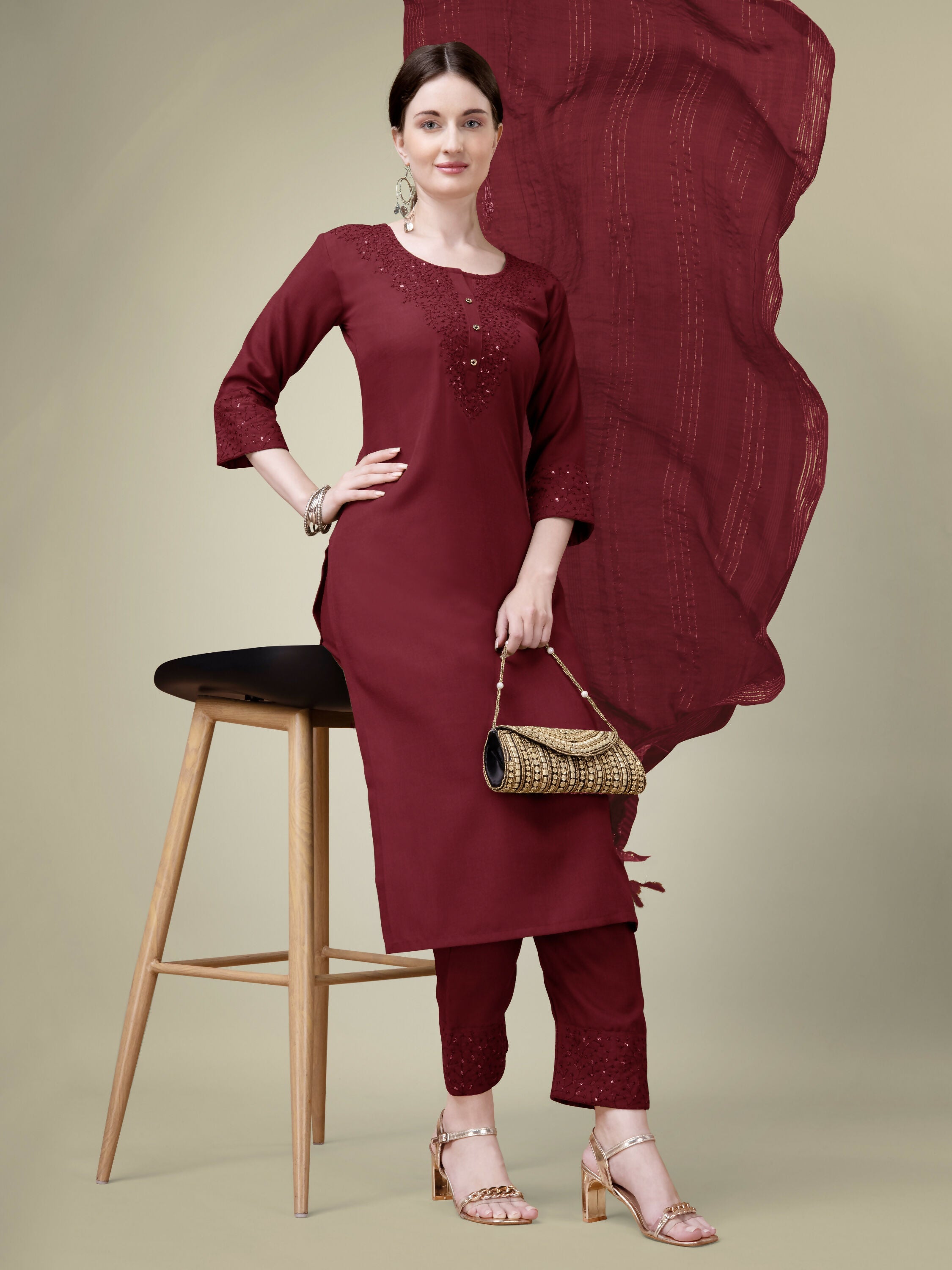 Jyoti Fashion Women's Maroon Cotton Blend Embroidery & Sequence work Kurta with Trouser & Dupatta | Grocsy