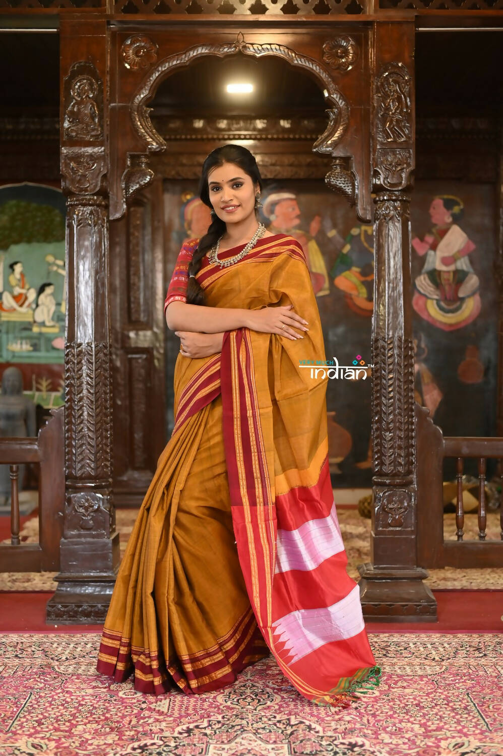 Very Much Indian Handloom Cotton Viscose Ilkal Saree Bright Beige Yellow | Grocsy