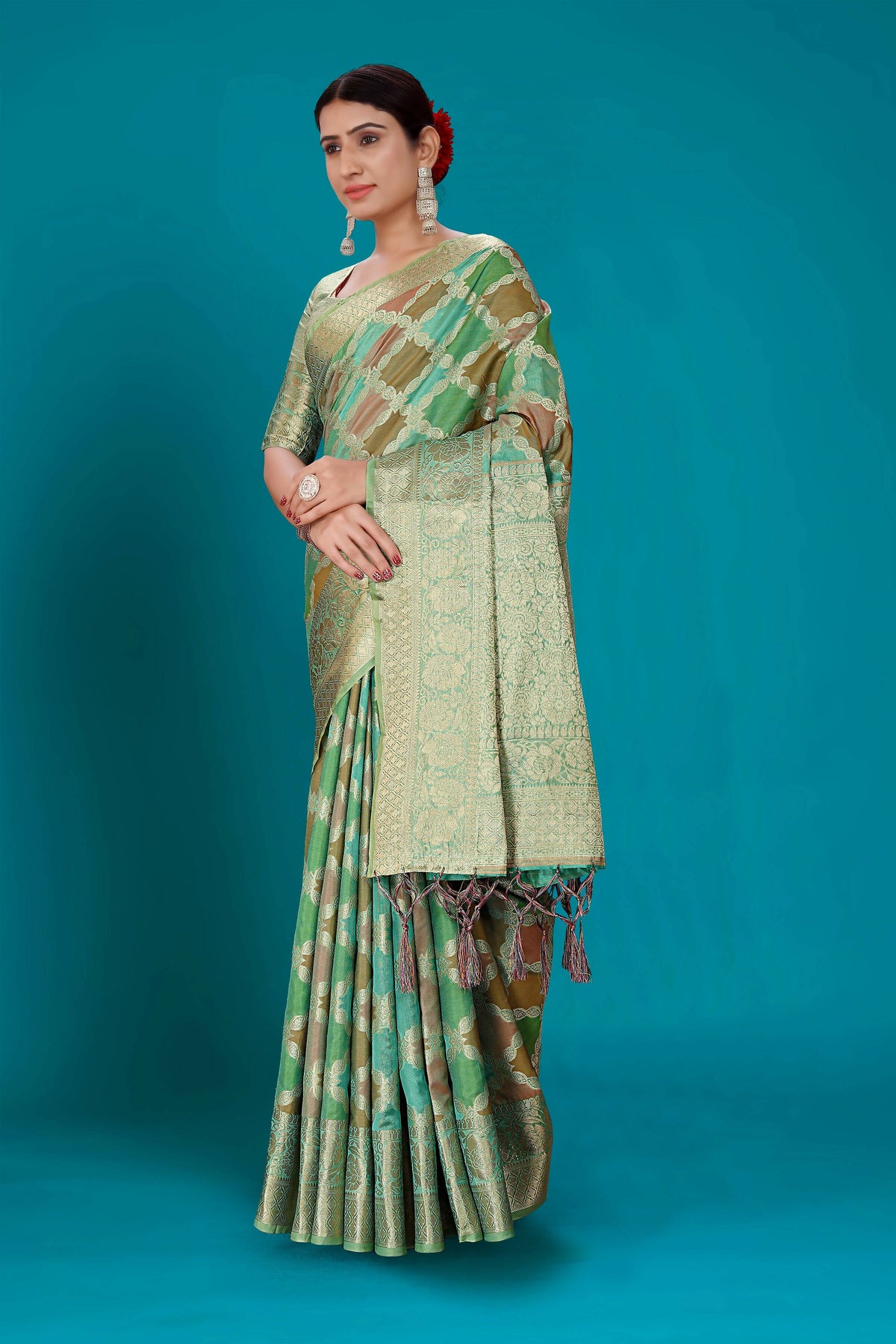 Sea Green Soft Organza Woven Design Saree with Unstitched Blouse Piece - Zaara | Grocsy