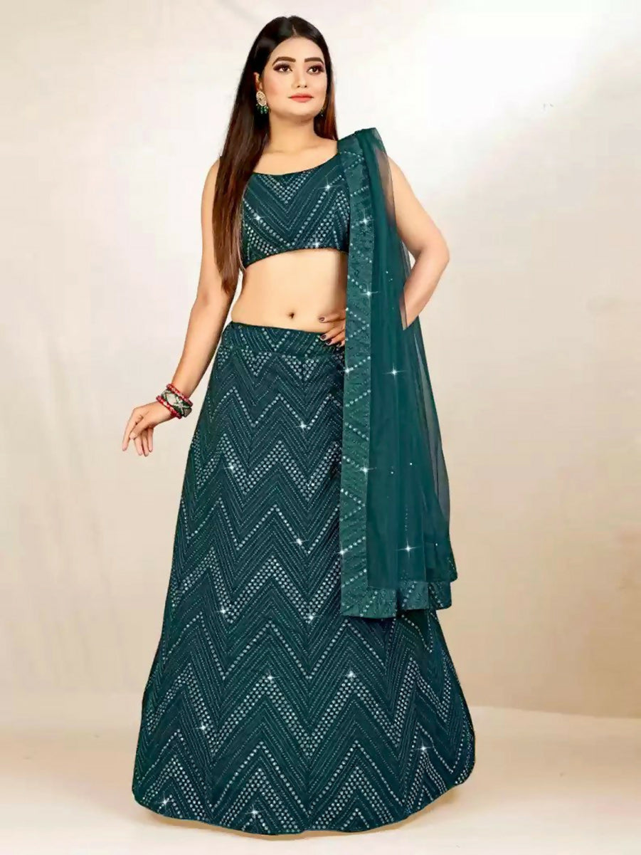 Jyoti Fashion Classy Bottle Green Georgette 3MM Sequins with Thread Embroidery Lehenga Choli with Dupatta | Grocsy