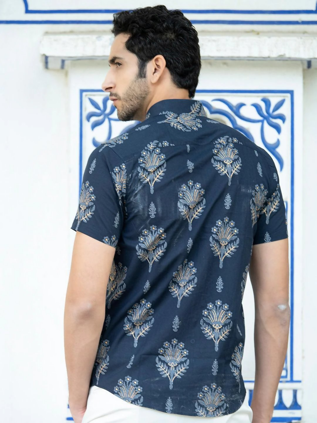 Miravan Men's Pure Cotton Blue Floral Printed Half Sleeve Slim Fit Shirt | Grocsy