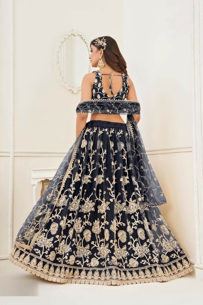 Aastha Fashion Black Butterfly Net White Cotton Thread Work And Sequence Work Embroidery Wedding Wear Lehenga Choli | Grocsy
