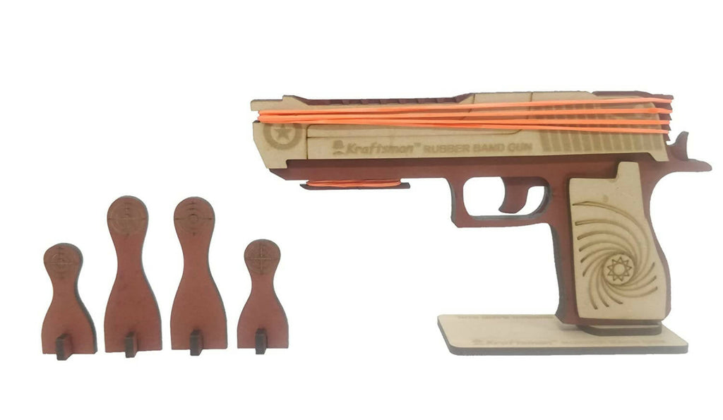Kraftsman Semi-Automatic Wooden Rubber Band Shooting Gun Toys for Kids & Adults with Target | 5 Rapid Fire Shots | Grocsy