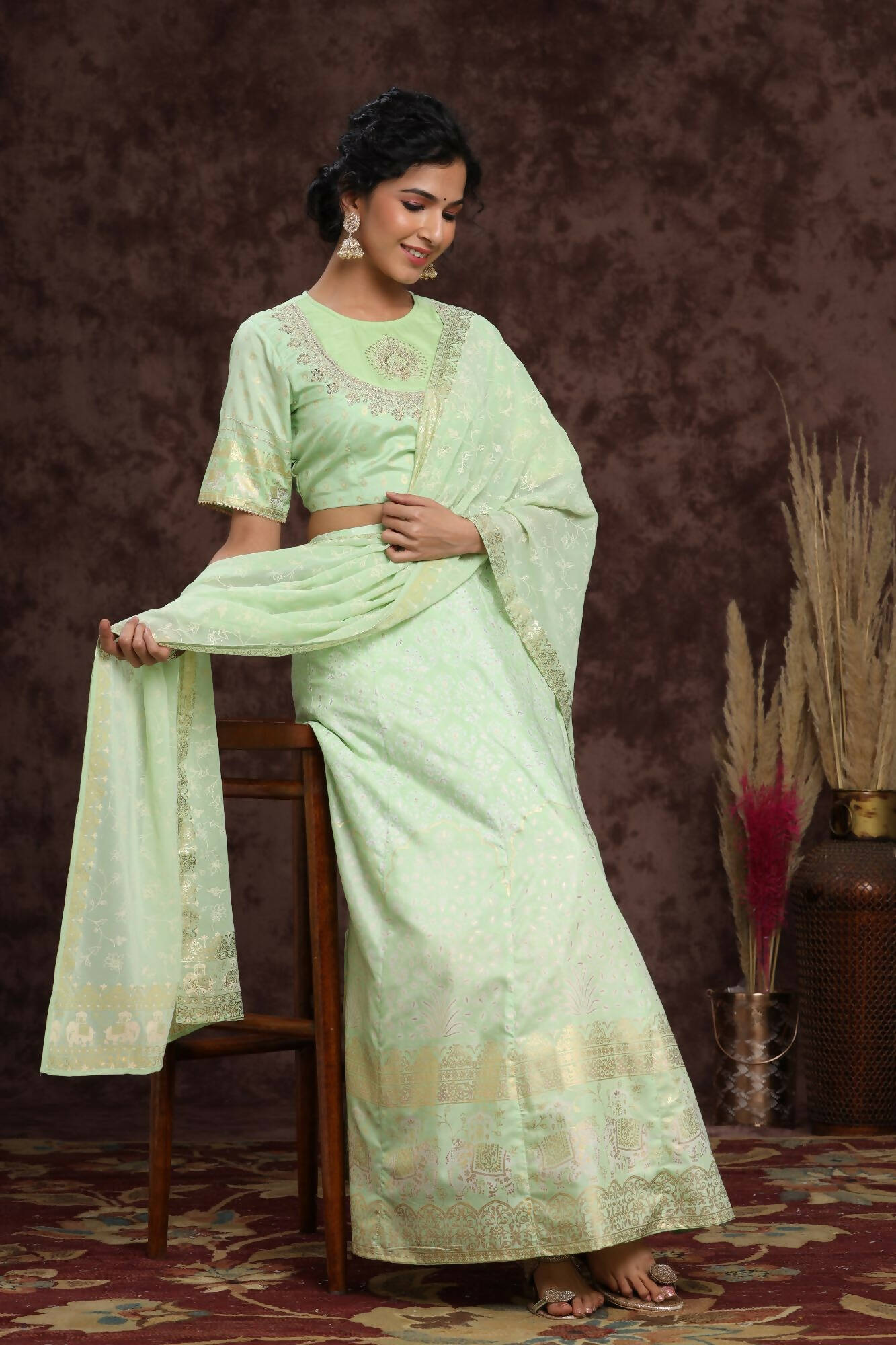 Juniper Women Mint Shantoon Embroidered Flared Lehenga Choli Sets | Grocsy