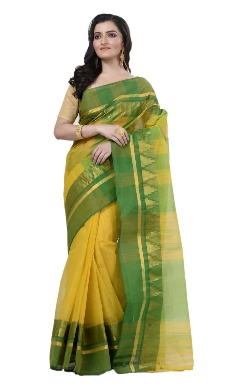 Exclusive Collection Yellow Green 100% Pure Cotton Tant Saree | Grocsy