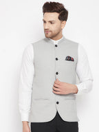 Even Apparels Grey Merino Men's Nehru Jacket-Contrast Lining-Free Pocket Square | Grocsy