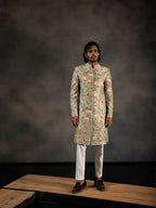 Pastel Green Hand Embroidered Indowestern Sherwani by Hilo Design | Grocsy