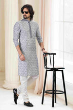 Raivat Ethnic Cotton Thread Work Kurta Pajama In Grey Colour | Grocsy