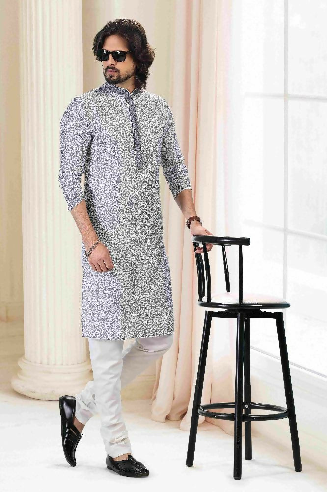Raivat Ethnic Cotton Thread Work Kurta Pajama In Grey Colour | Grocsy