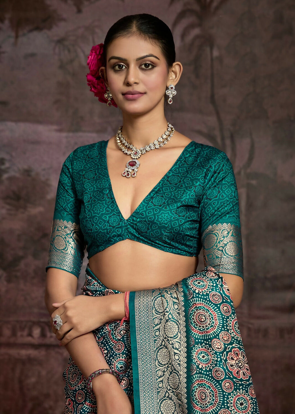 Joban Fashion Teal Green Art Silk With Fine Viscose Border Ajrak Full Body Print With Soft Finish Saree | Grocsy