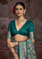Joban Fashion Teal Green Art Silk With Fine Viscose Border Ajrak Full Body Print With Soft Finish Saree | Grocsy