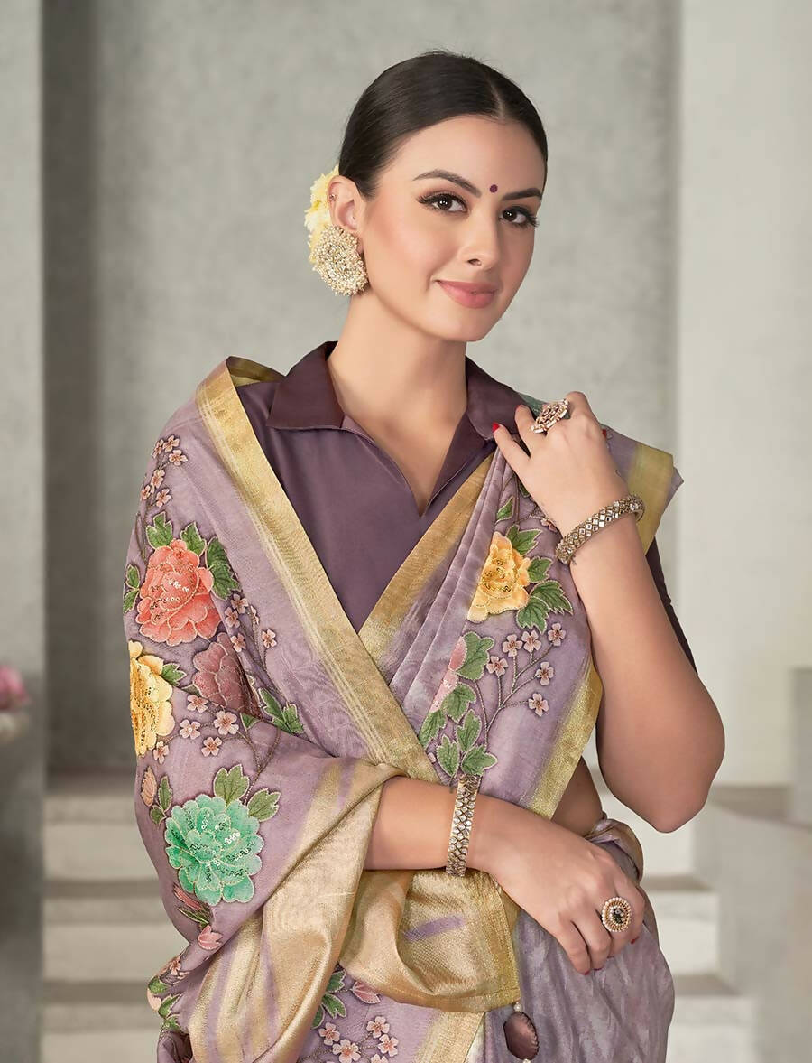Lavendar Rangkat Tussar Silk Woven Design Saree with Unstitched Blouse - Mohmanthan Eshani | Grocsy