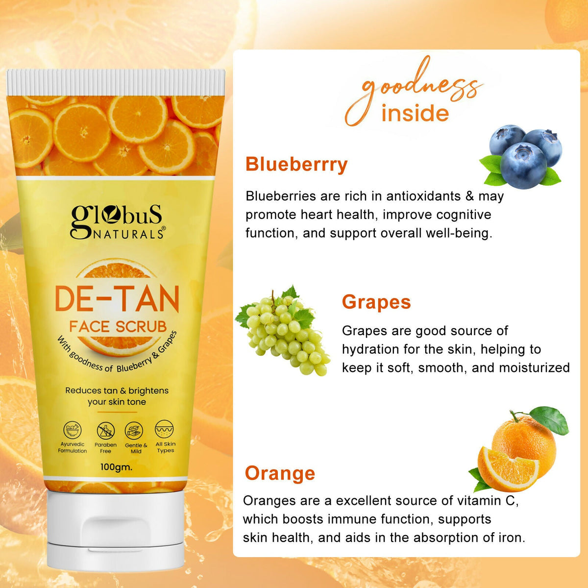 Globus Naturals De Tan Face Scrub, Suitable For All Skin Types | Grocsy