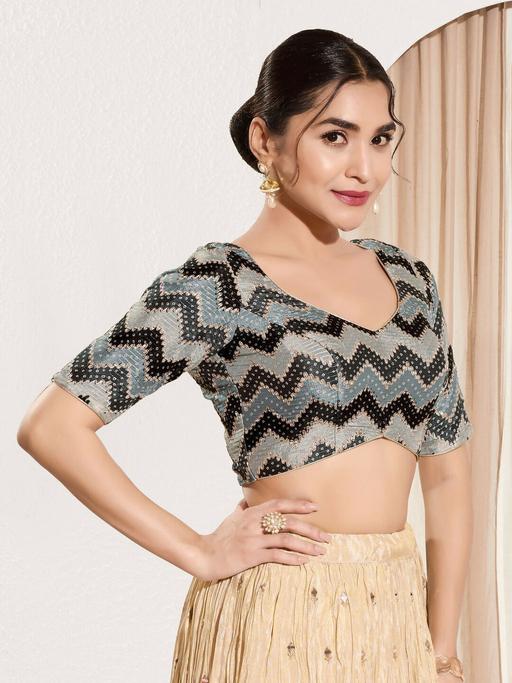 Joban Fashion Black Chiffon Padded Blouse With Square Neck Elbow Sleeves | Grocsy