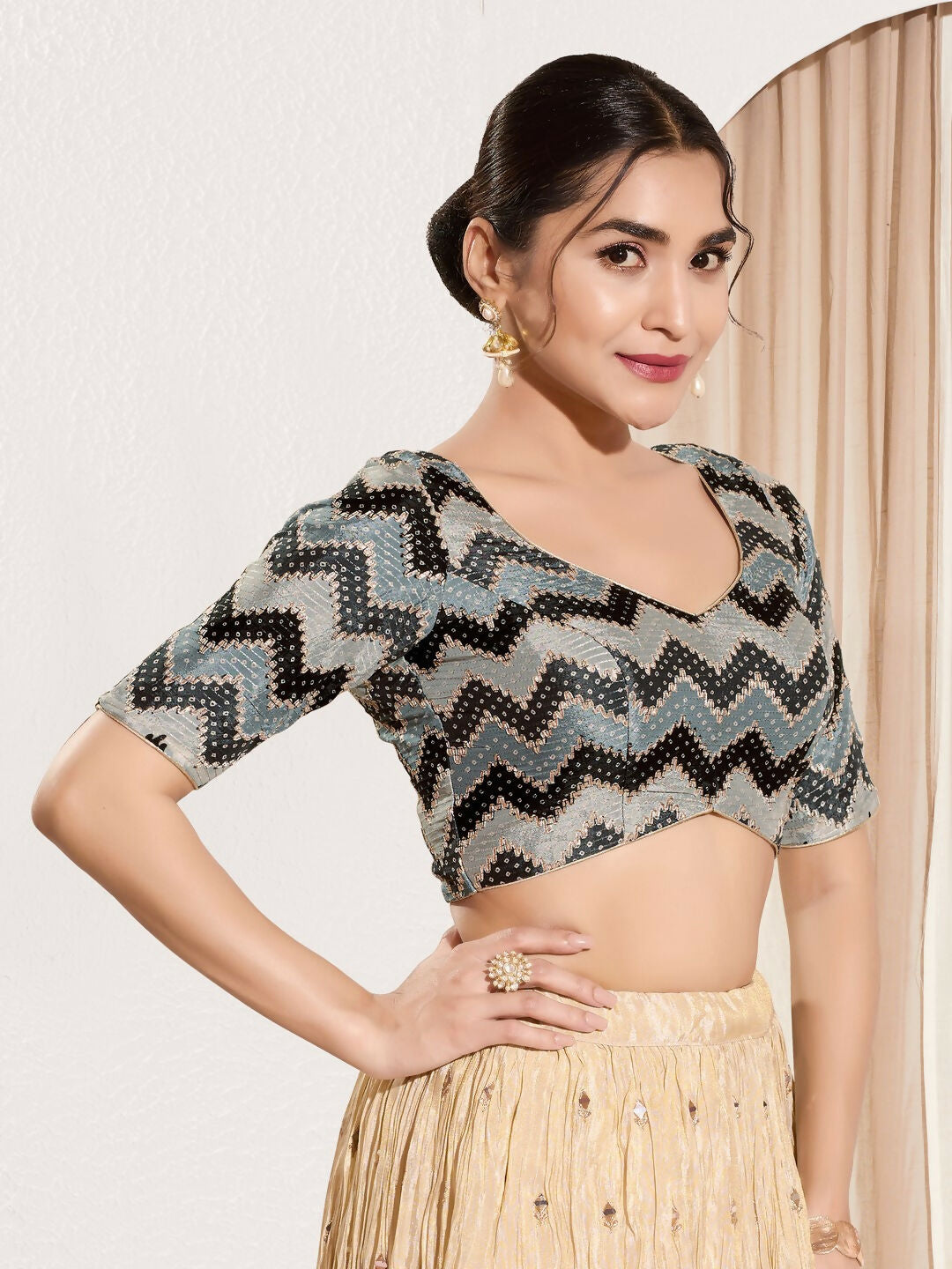 Joban Fashion Black Chiffon Padded Blouse With Square Neck Elbow Sleeves | Grocsy