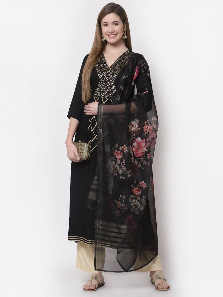 Myshka Black Color Rayon Embroidered 3/4 Sleeve Kurta With Dupatta Set | Grocsy