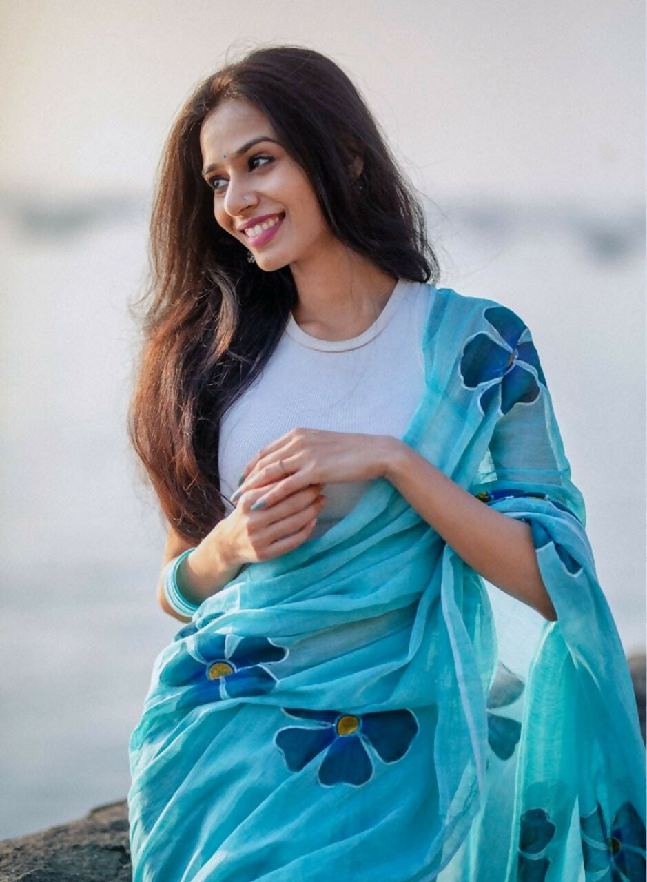 Prime Volt Women's Sky Blue Floral Digital Print Soft Linen Saree With Blouse | Grocsy