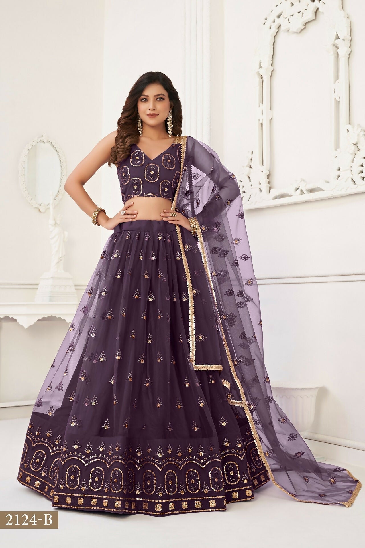 Eilara Women'S Dusty Wine Butterfly Net With Tone Thread Work And Sandwich Embroidered Work Lehenga Choli For Wedding | Grocsy