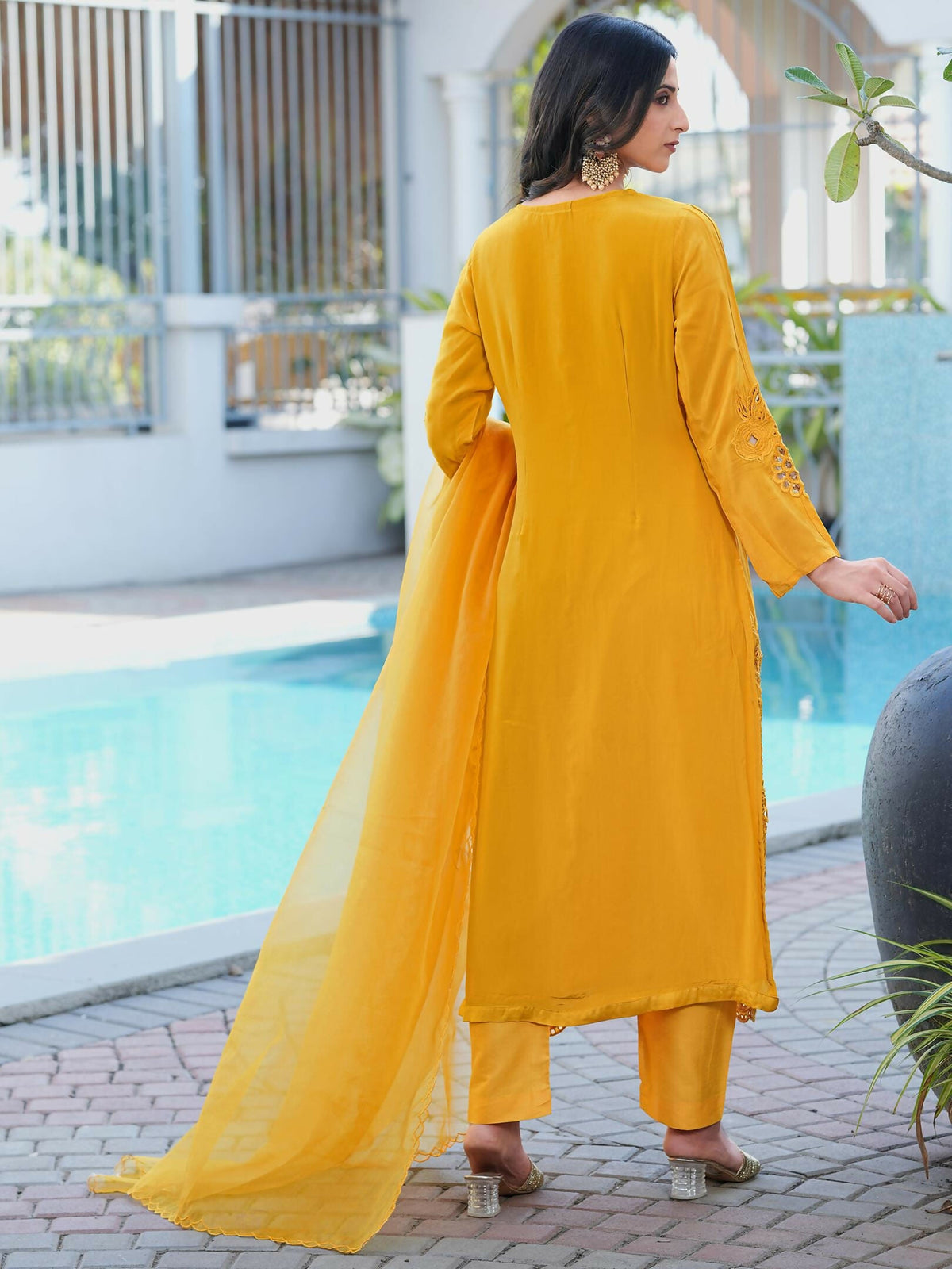 Nikhaar Yellow Embroidered Art Silk Stitched Straight Cut Kurta Pants Dupatta Readymade Suit | Grocsy