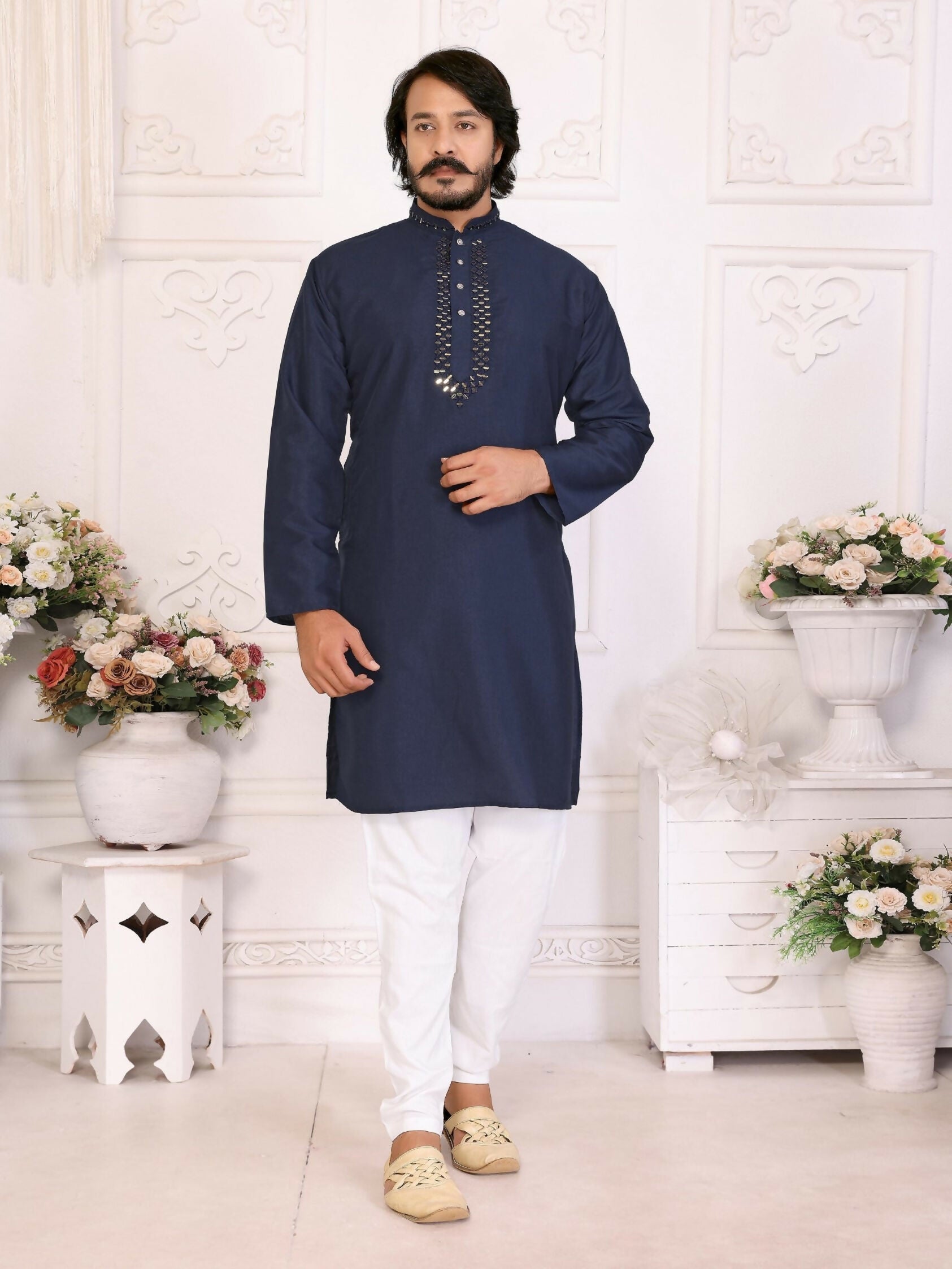 Anaita Navy Silk Straight Kurta With Neck Mirror Work | Grocsy