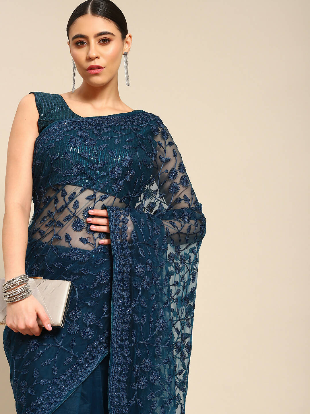 Blue Woven Design Net Saree with Blouse Piece - Kalamkari | Grocsy