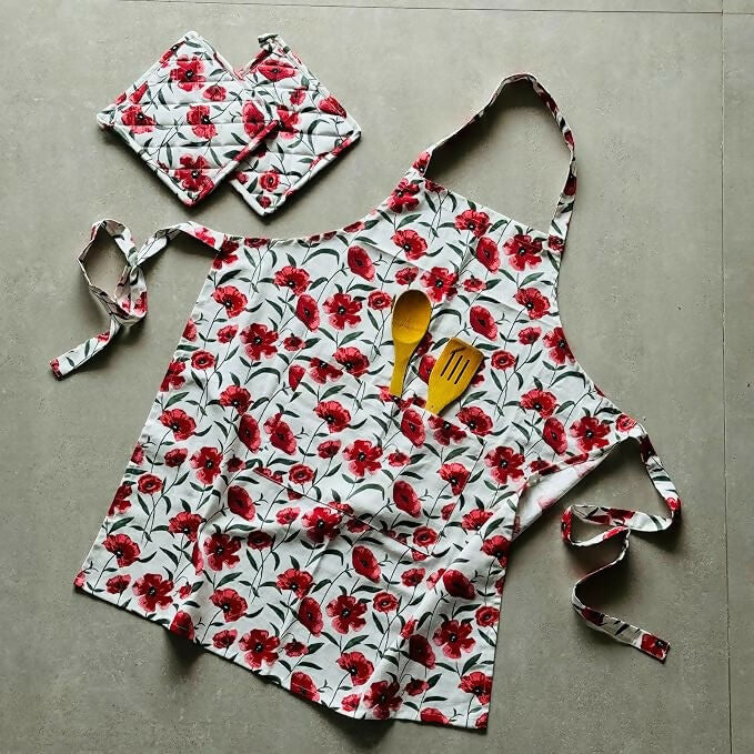 Oak & Lily 100% Cotton Kitchen Apron-Red Poppy Flower | Grocsy