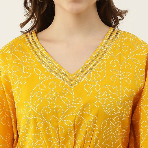 FIORRA Women's Printed Pure Cotton Kaftan Kurta - Yellow | Grocsy