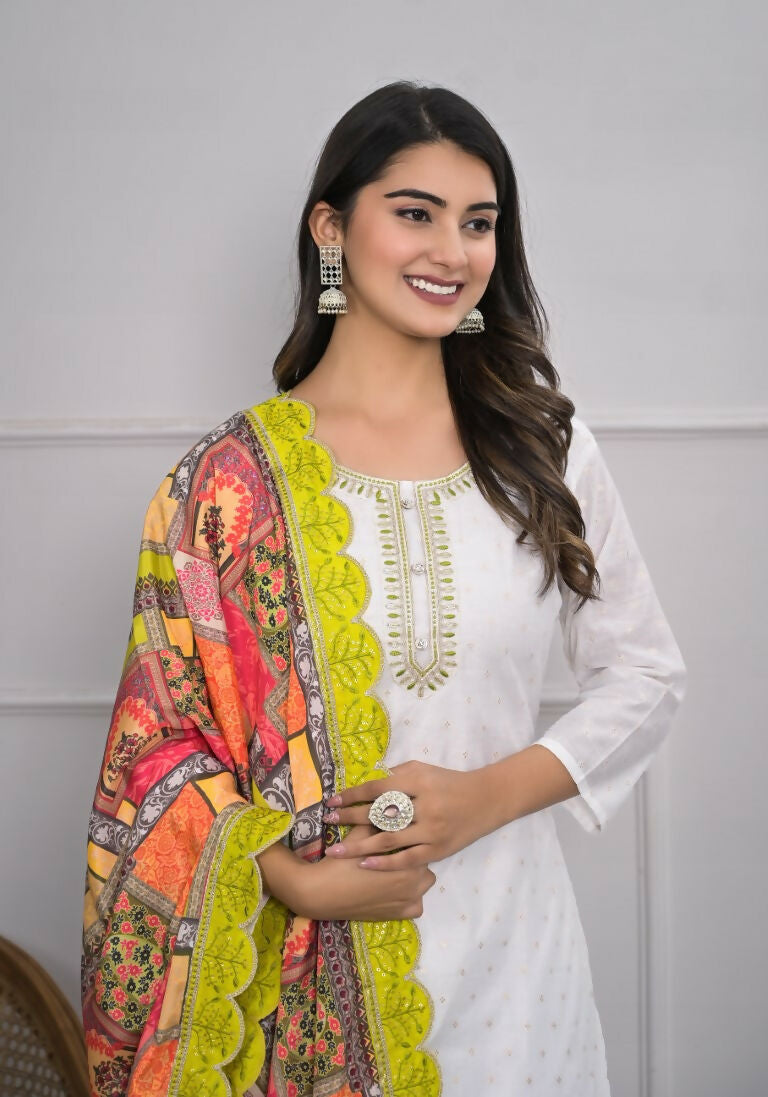 White Viscose Silk Embroidery with Thread and sequence Stitched Suit With Dupatta - Tanisha | Grocsy