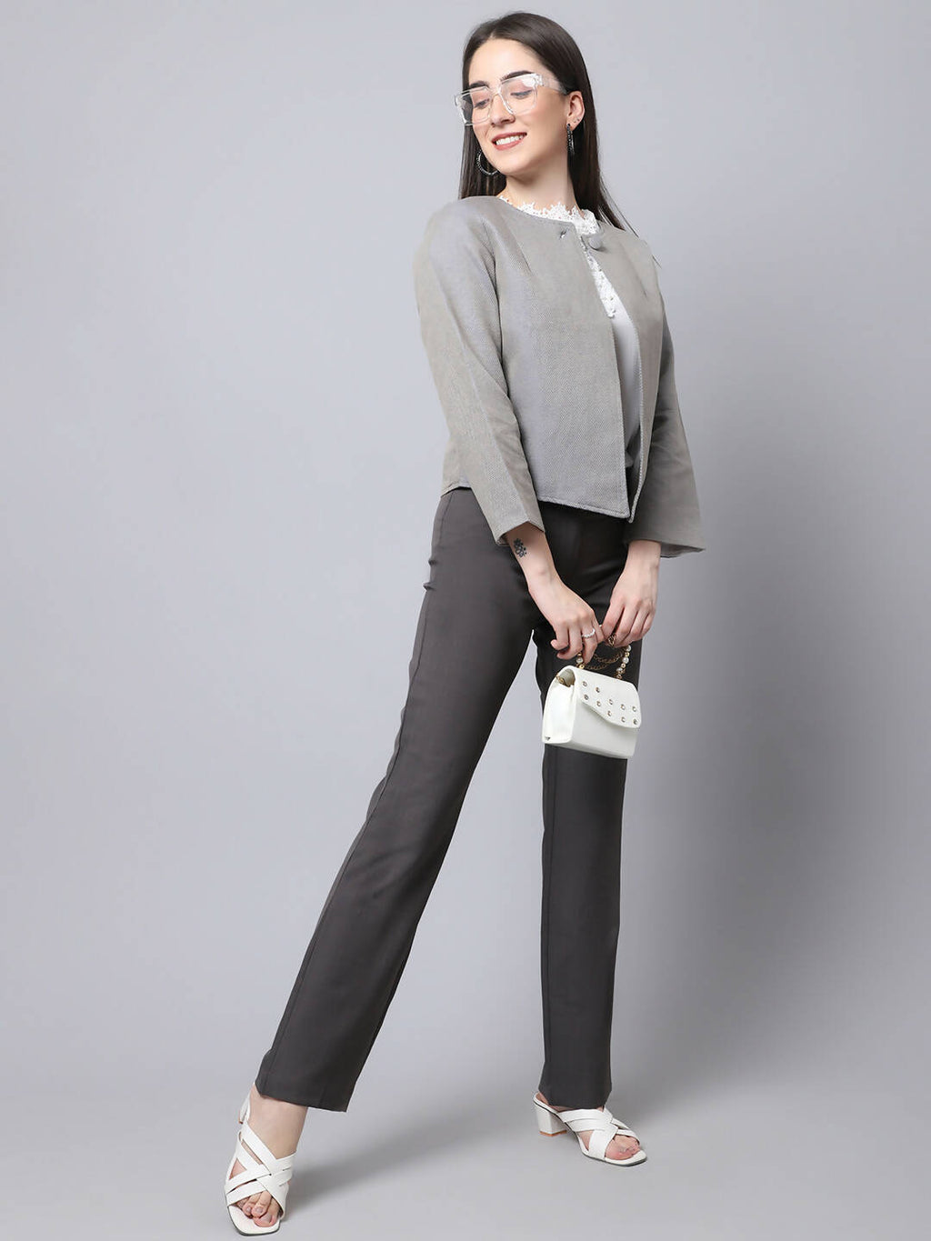 Even Apparels Grey Polywool Open Front Statement Women's Jacket (BF006) | Grocsy