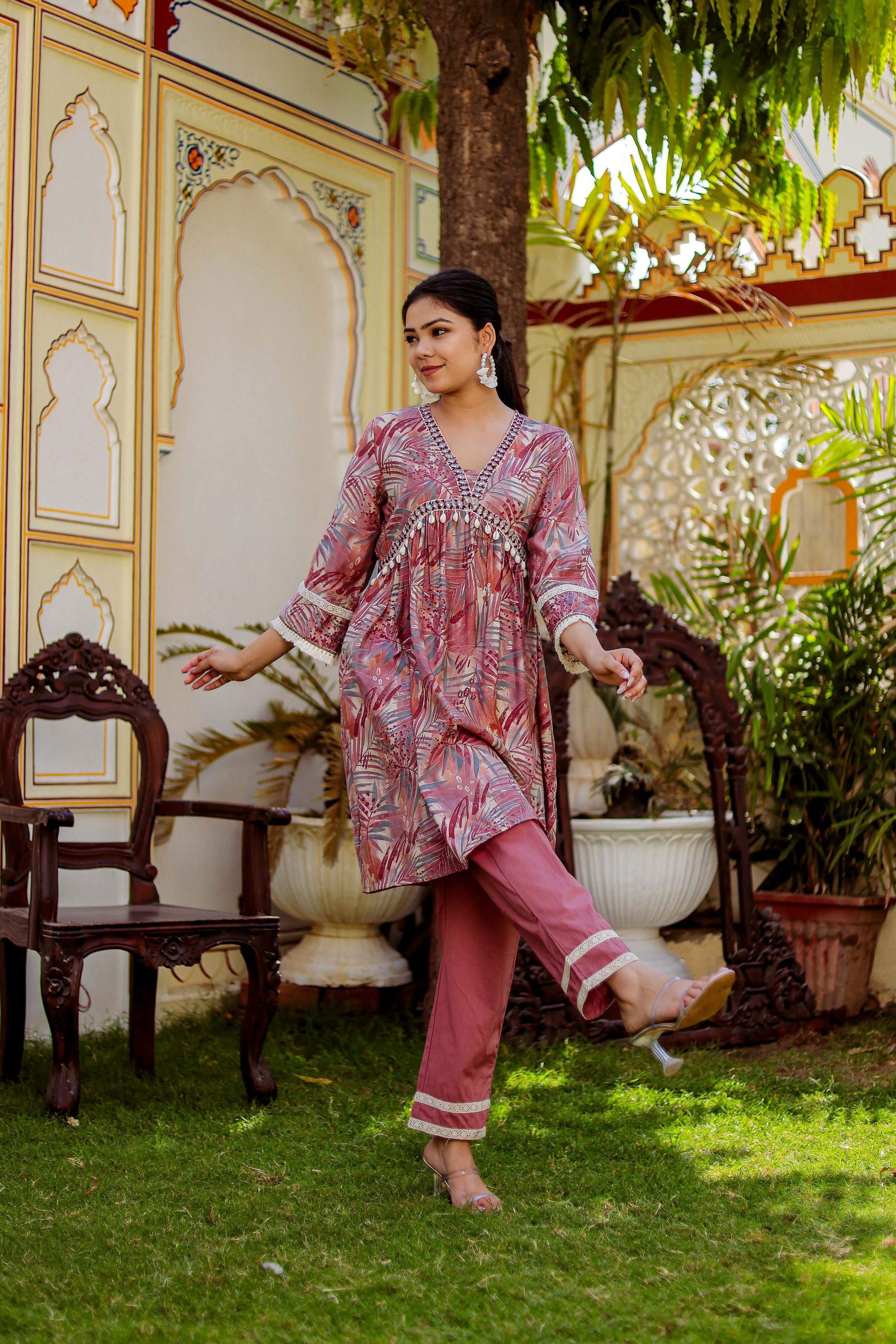 Vaasva Women Brown Muslin Floral Print Alia cut Kurta & Pant (Cord set) | Grocsy