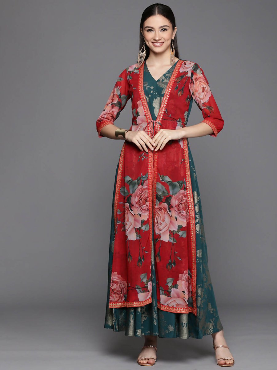 Ahalyaa Women's Green Crepe Gold Smoke Printed Dress | Grocsy