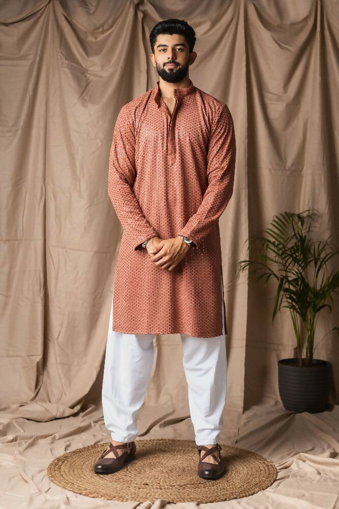 Reddish Orange Rayon Thread Embroidery Work Kurta Set - Mahotsav | Grocsy