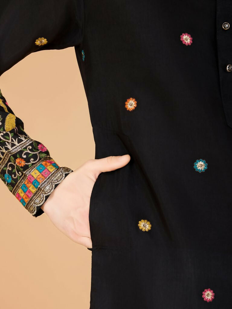 Vastranavya Black Exclusive Festival Wear Viscose Silk Thread & Sequence Embroidered Work Kurta | Grocsy
