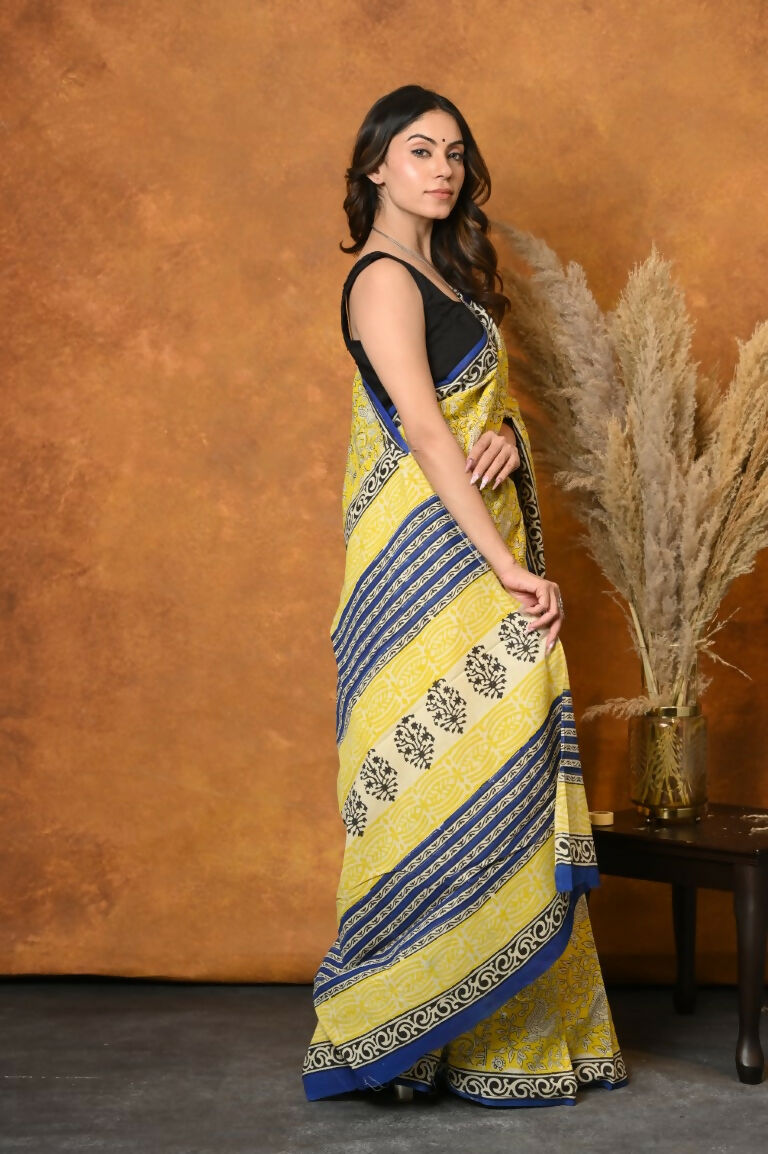 Very Much Indian Handblock Printed Cotton Saree With Natural Dyes - Green | Grocsy