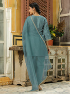Janasya Light Blue Silk Blend Solid Kurta,Bottom & Dupatta | Grocsy