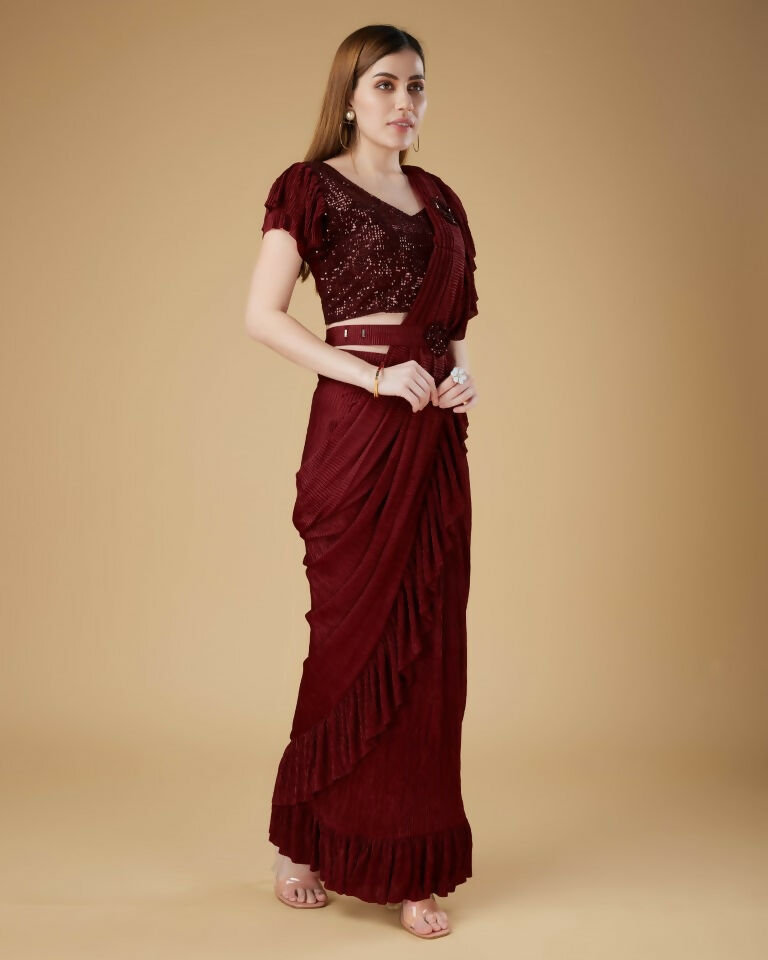Maroon Imported Crush Solid Ready to Wear Saree with stitched Blouse - Aayan | Grocsy