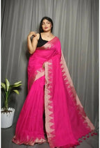 Exclusive Collection Beautiful Pink Pure Cotton Woven Handloom Saree With Running Blouse Piece | Grocsy
