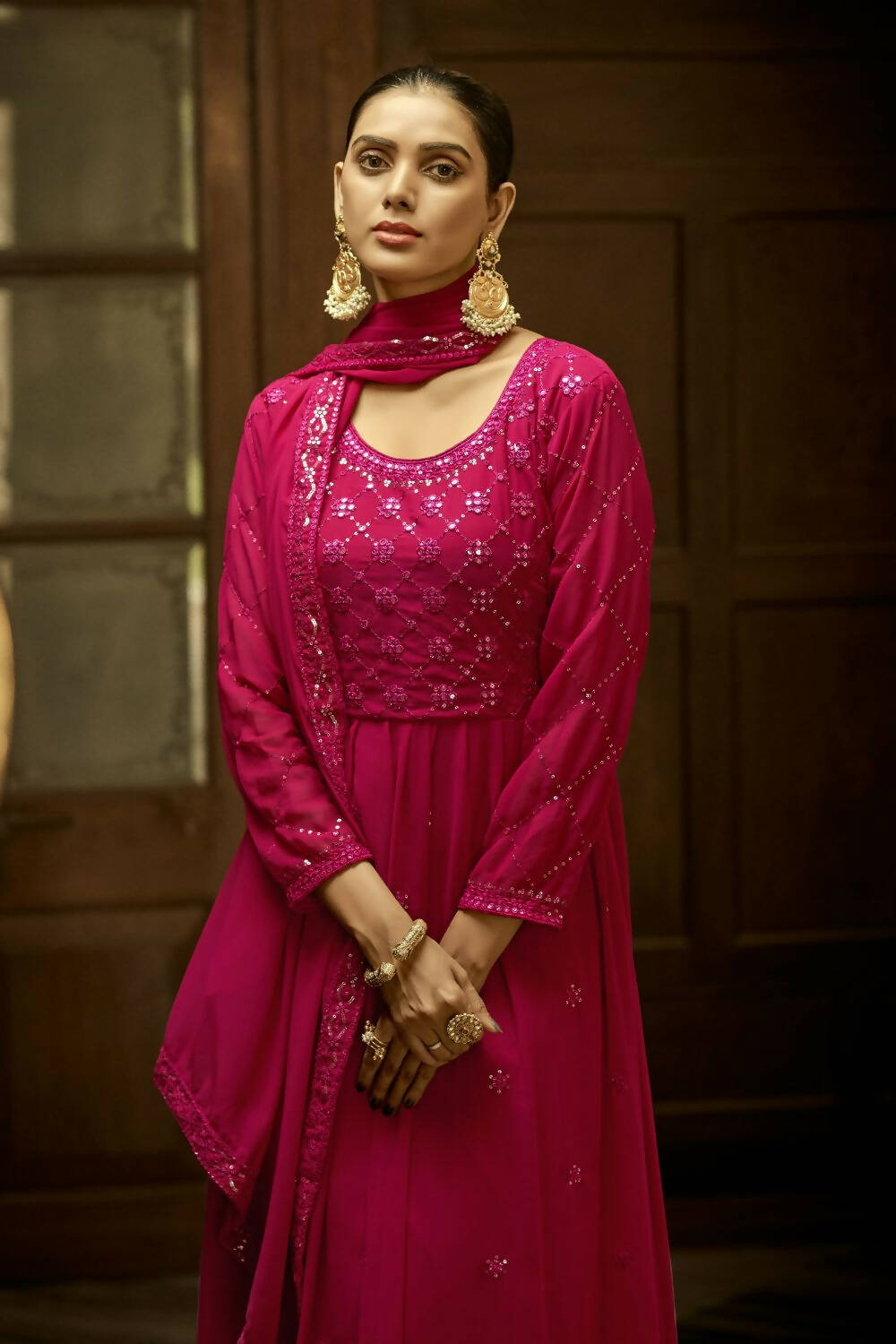 Pink Heavy Faux Georgette Anarkali Embroidered Kurta Set - Dhvani | Grocsy