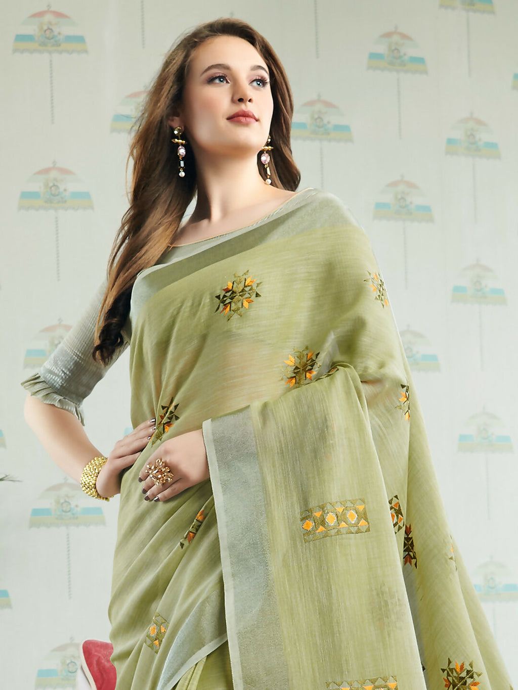 Shree Shyam Fashion Linen Pista Green Saree | Grocsy