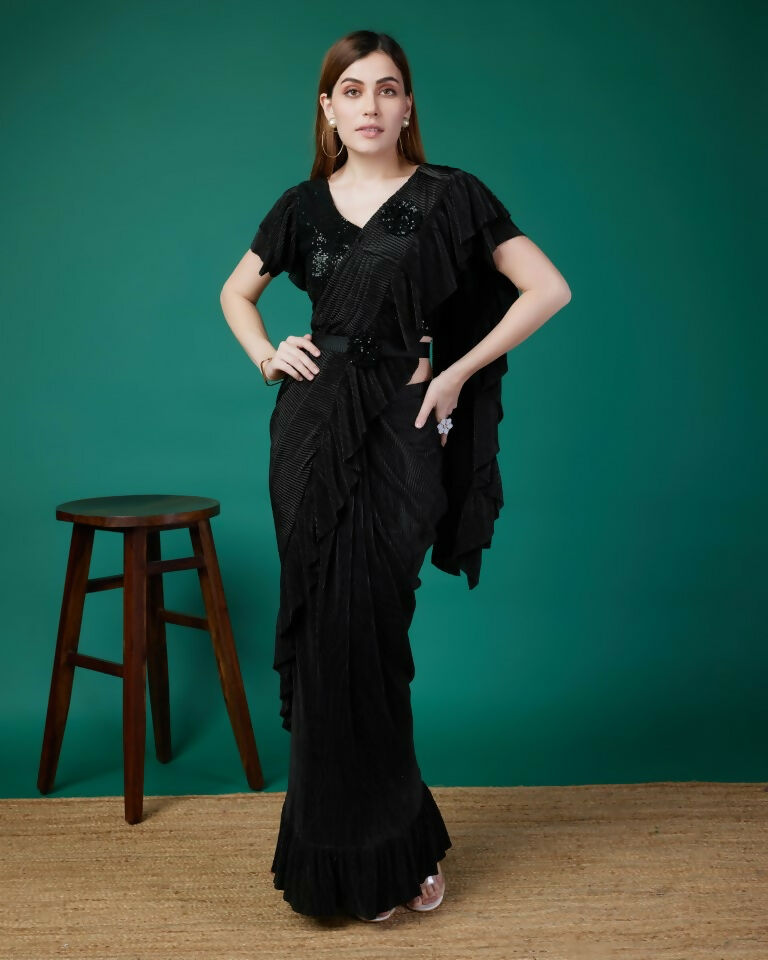 Black Imported Crush Solid Ready to Wear Saree with stitched Blouse - Aayan | Grocsy