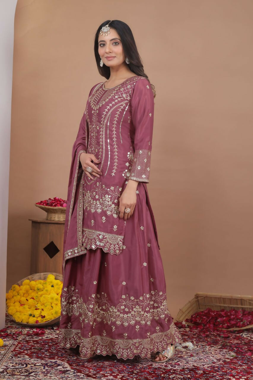 Teeya Creation Dark Onion Color Natural Crepe Silk Wedding Wear Trending Salwar Suit | Grocsy