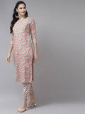 Yufta Pink Ethnic Motifs Printed Regular Pure Cotton Kurta with Trouser & Dupatta | Grocsy